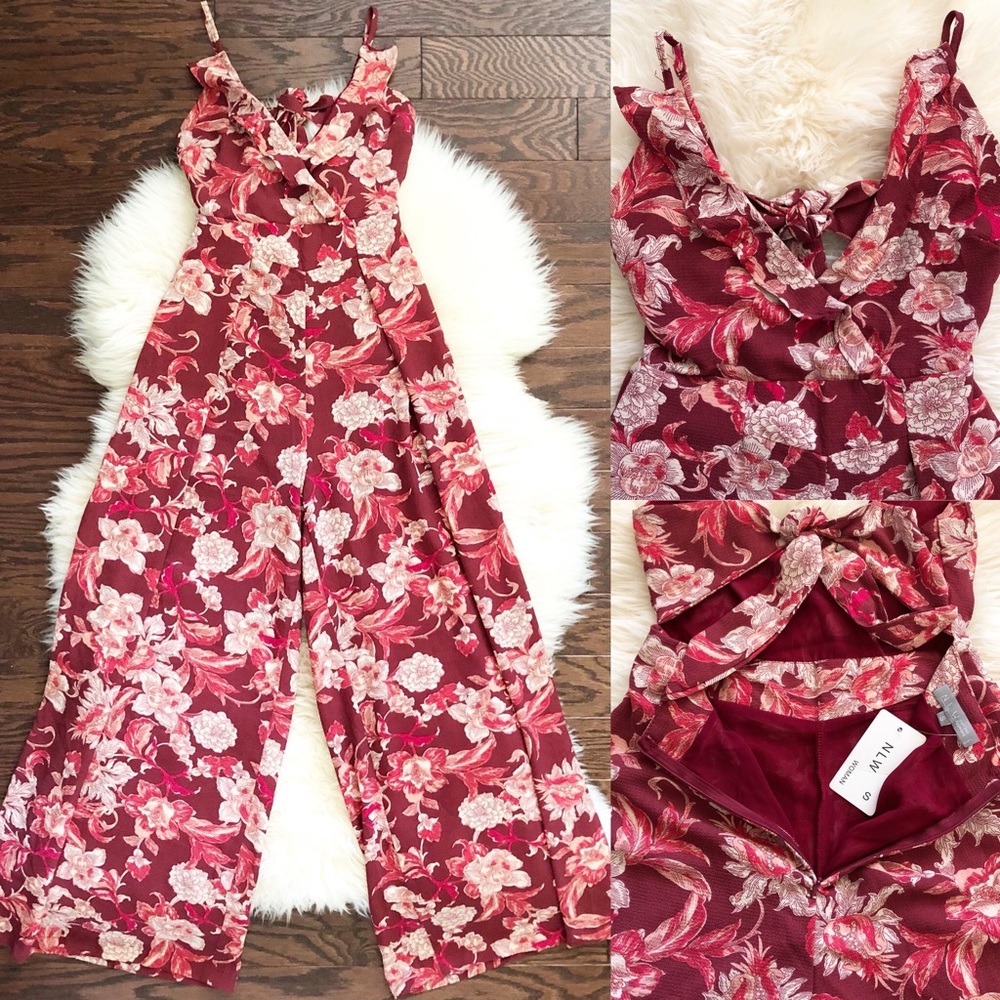 N L W Long Pant Maroon/Burgundy Floral Spaghetti Strap Jumpsuit Women’s …